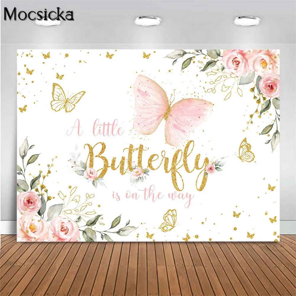 

Mocsicka Pink Golden Butterfly Baby Shower Backdrop Child Girl Birthday Party Photography Backgrounds Decor Photocall Photoshoot