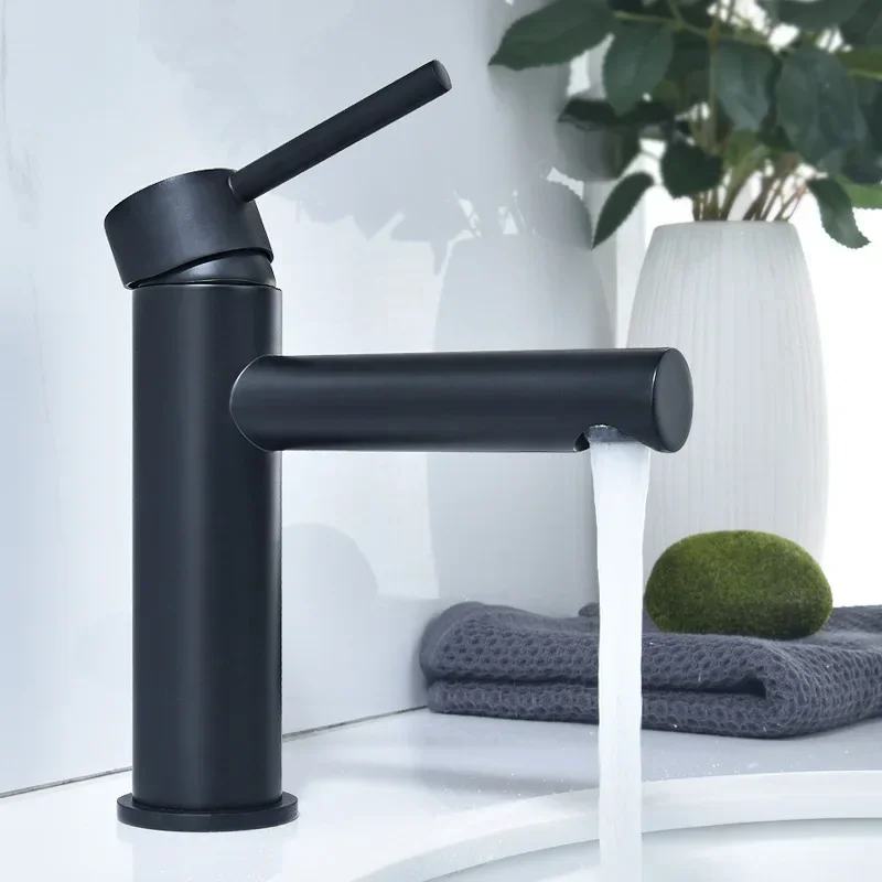 Keran wastafel air panas dan dingin berbahan tembaga penuh, warna emas hitam, desain sederhana untuk kamar mandi, MT1031