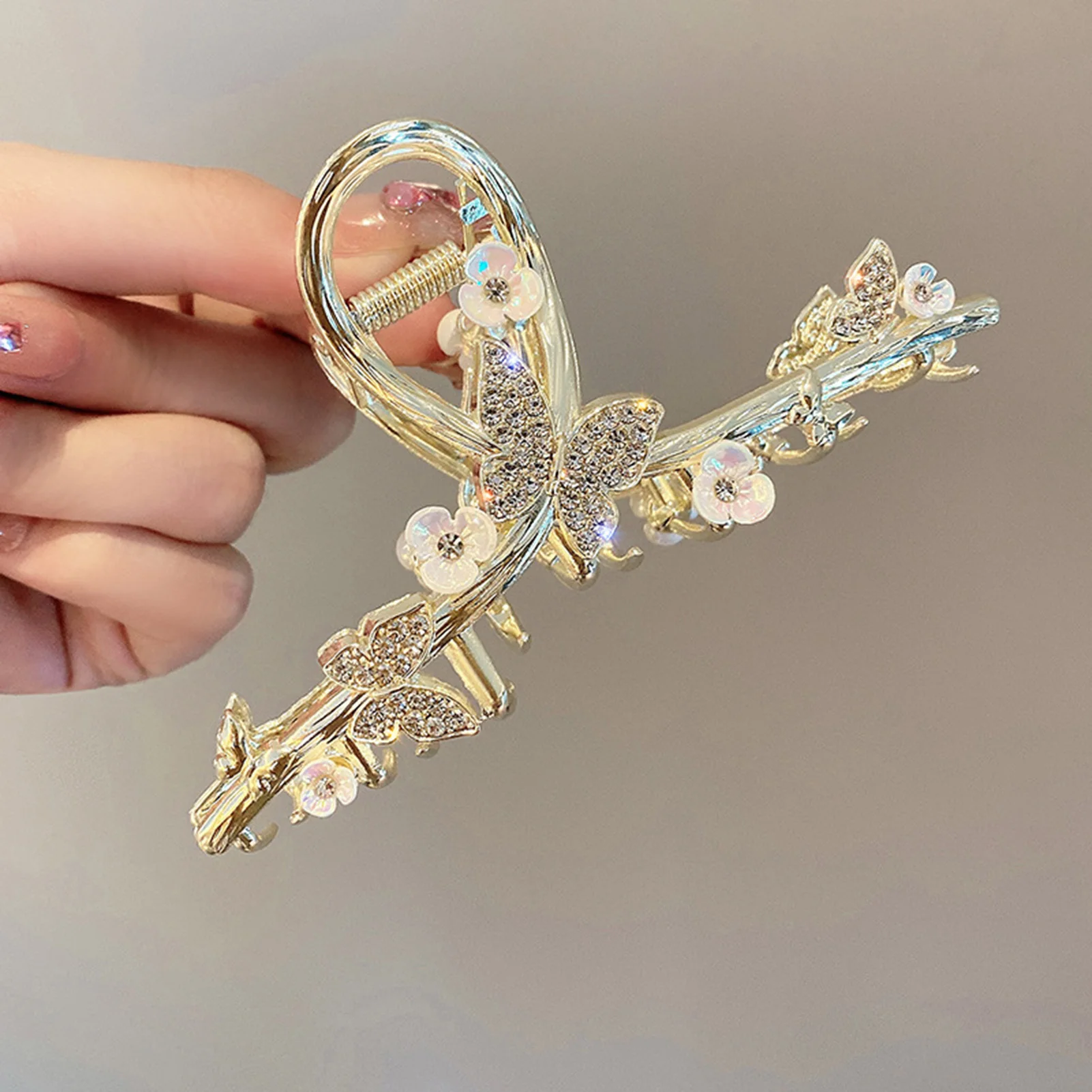 Elegante Schmetterlings-Haarklammern, goldfarbene Legierung, Haarnadeln, seitliche Clips, Perlen/Strass, Schmetterlings-Blumen-Designs, Haarschmuck