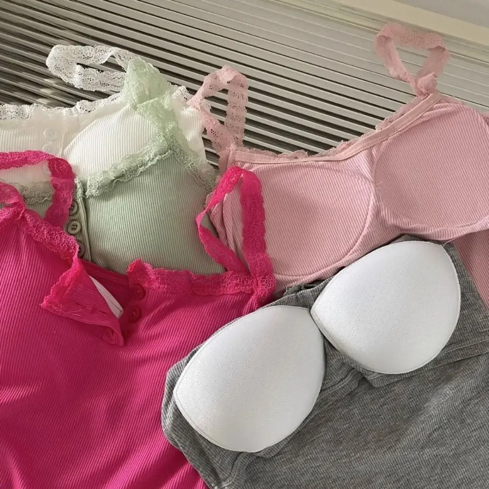 High Quality Cotton Lace Camisole Breathable Solid Color Crop Top Lace Trim Push Up Bra
