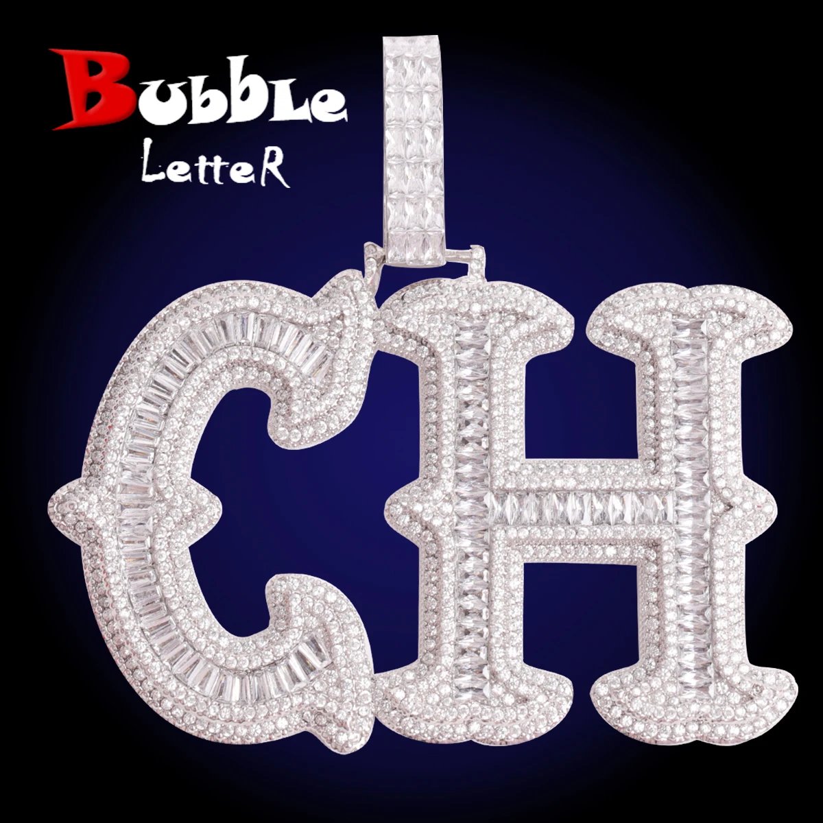 Bubble Letter Customized Name Necklace for Men Baguette Iced Out Cursive Two Layers Hip Hop Jewelry