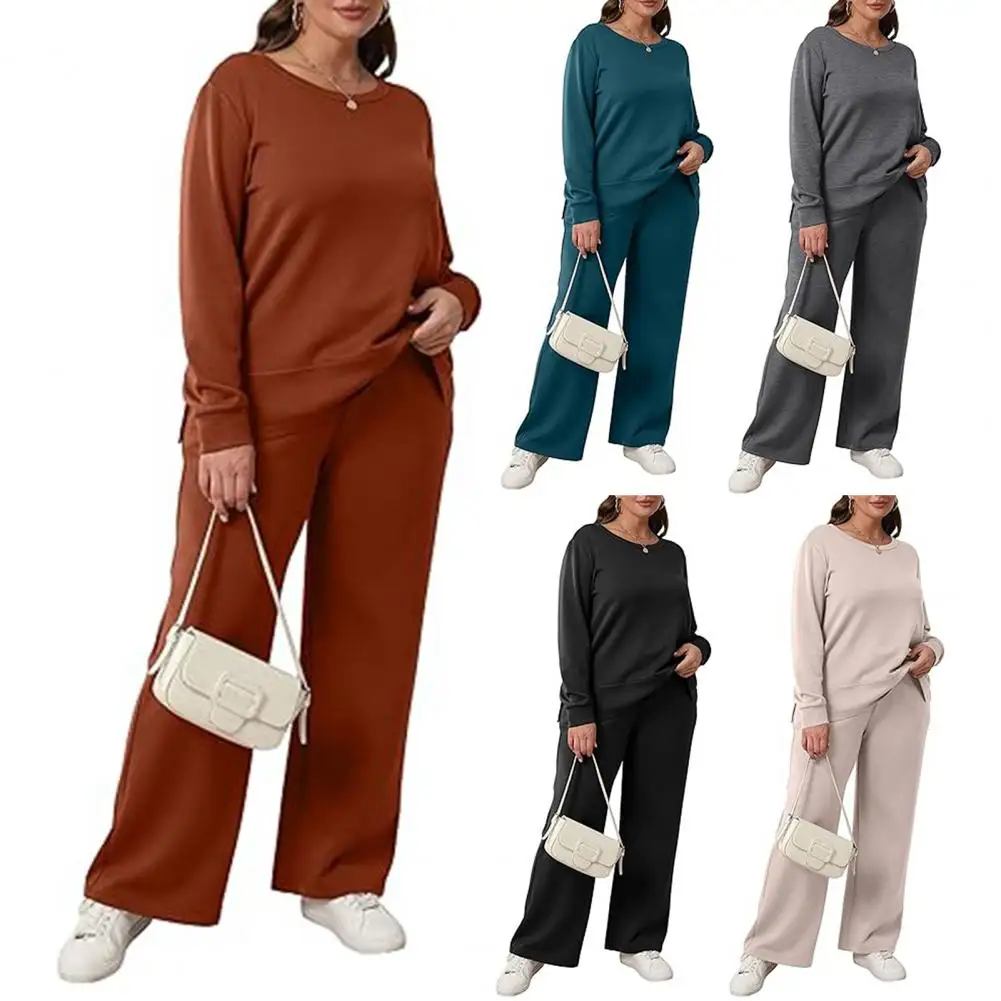 

Women Loose Fit Suit Autumn Tracksuit Set with Slit Hem Sweatshirt Wide Leg Sweatpants for Women Round Neck Long Sleeves Sport