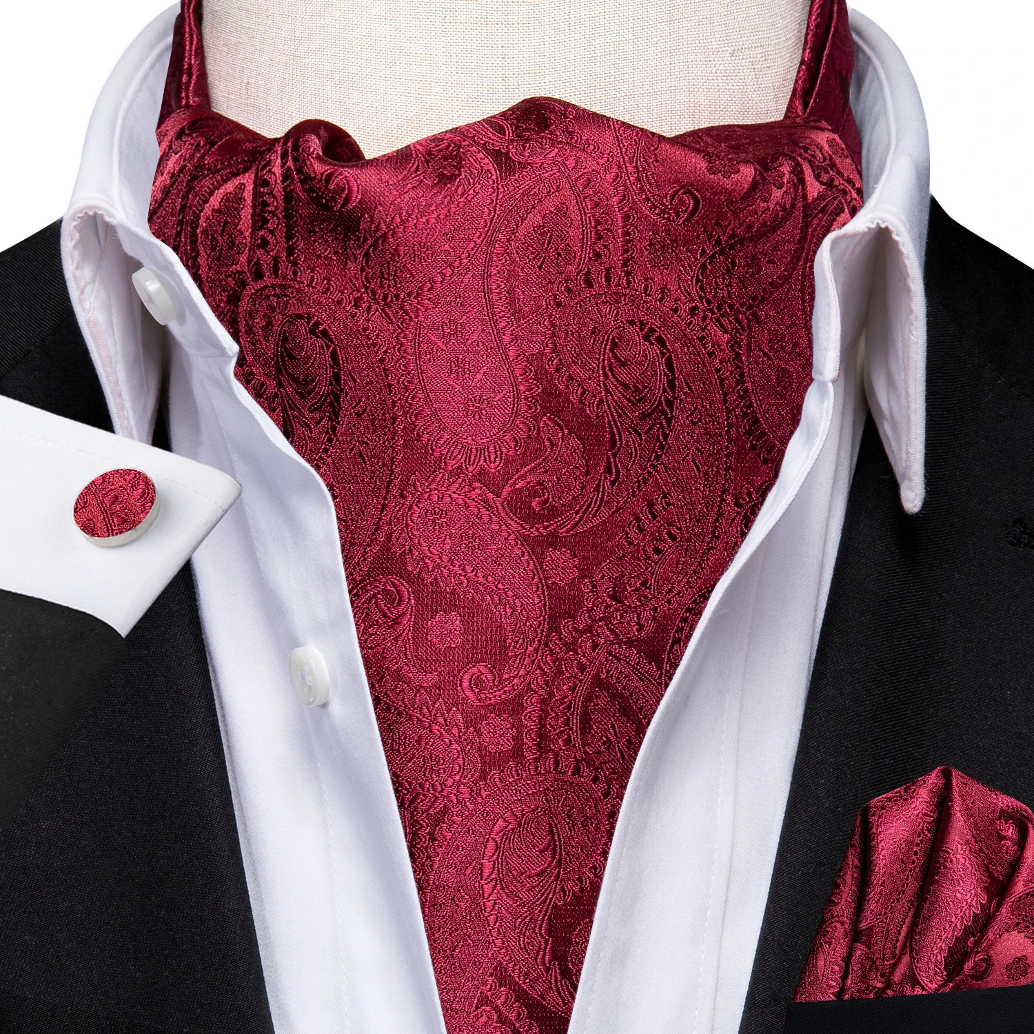 

Hi-Tie Silk Red Burgundy Mens Ascot Tie Hanky Cufflinks Set Jacquard Woven Self Cravat for Male Groomsmen Wedding Business Event