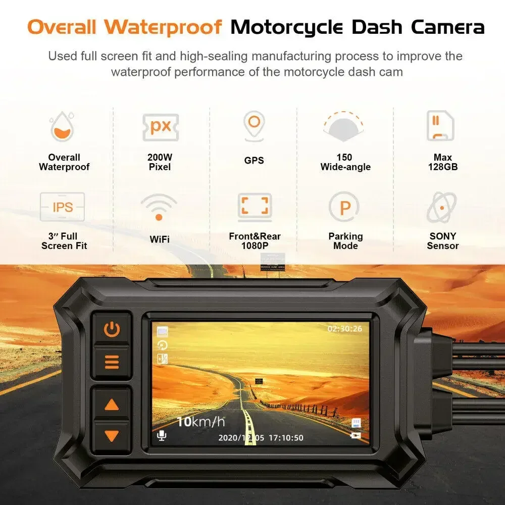 Motorcycle Dashcam Dual 1080P Full HD 3 Inch Waterproof IP67 Camera WiFi Motorcycle Full Body DVR Dash Cam Black GPS Box