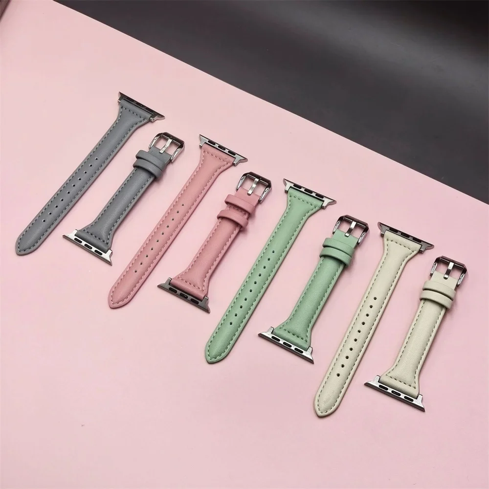 Slim leather strap for Apple Watch band ultra-2 49mm series 7 8 9 41mm/45mm 38mm/42mm Wrist bracelet iWatch SE 6 5 4 3 40mm/44mm