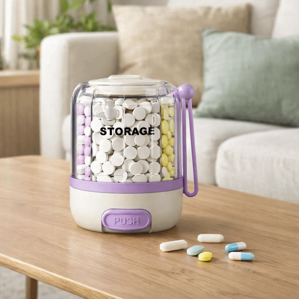Press Type 4 Grids Pill Organizer Rotating Anti-Mixing Daily Pill Dispenser Detachable Large Capacity
