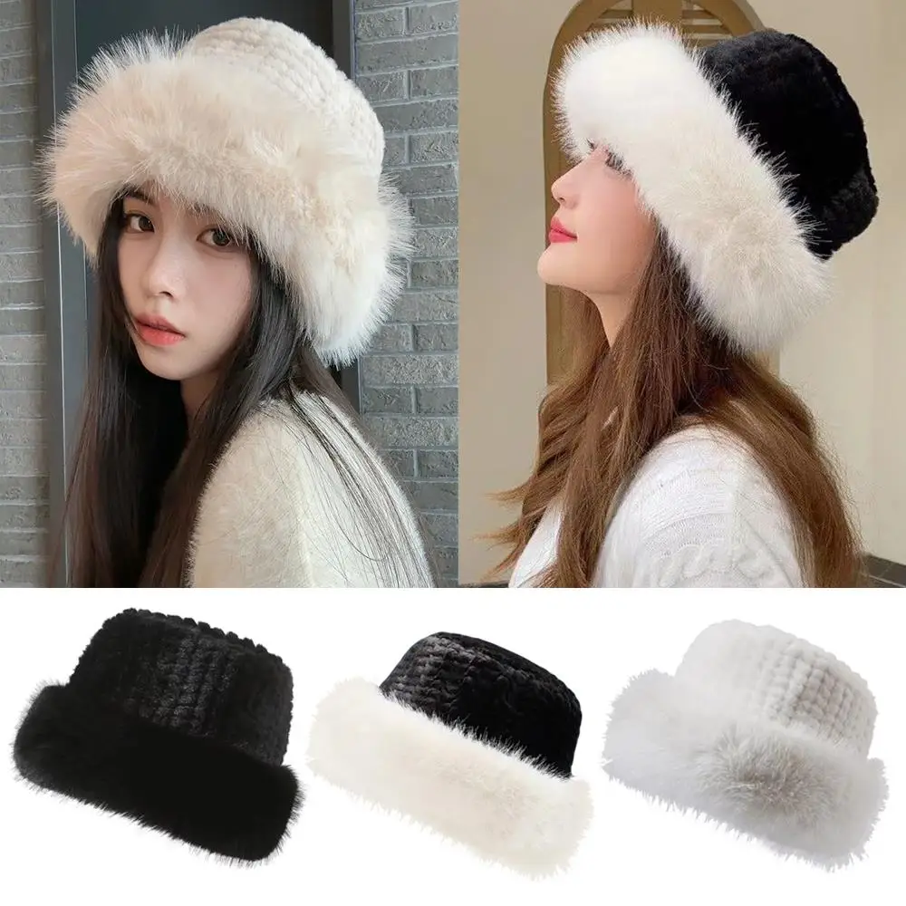 

Fox Fur Winter Hats Female Rabbit Fur Hat Outdoor Women Fluffy Warm Fashion Knit Cap Women's Bucket Hats Gorros Invierno Mujer