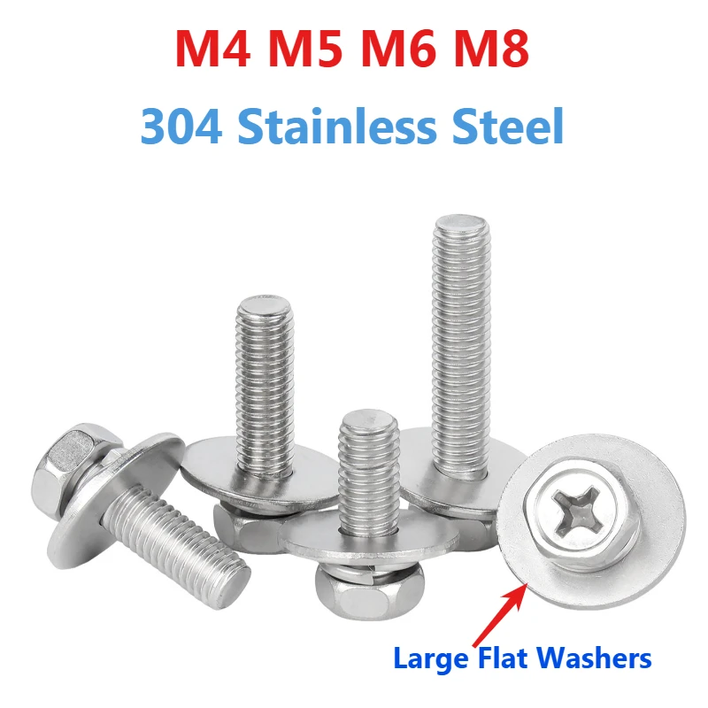 M4-M8 304 Stainless Steel Cross Phillips External Hex Hexagon Head SEM Screw Flat Washer Spring Gasket Assemble Bolt GB9074.13