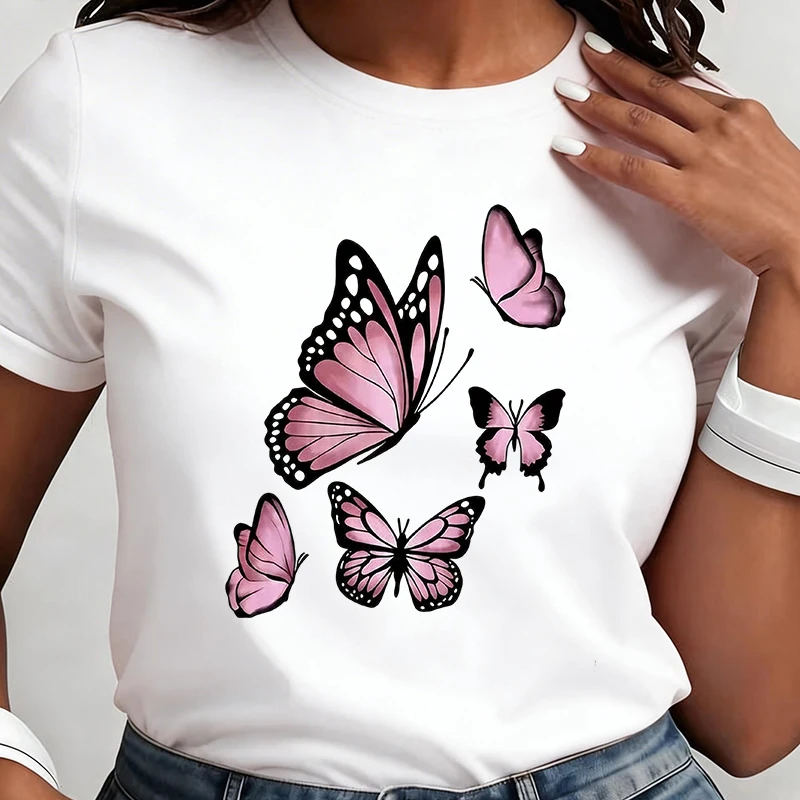 90s Casual Summer Crew Short Sleeve Tshirt Women's T Shirt with Featuring Butterfly Designs Print Graphic Y2k Tees Tops Clothes