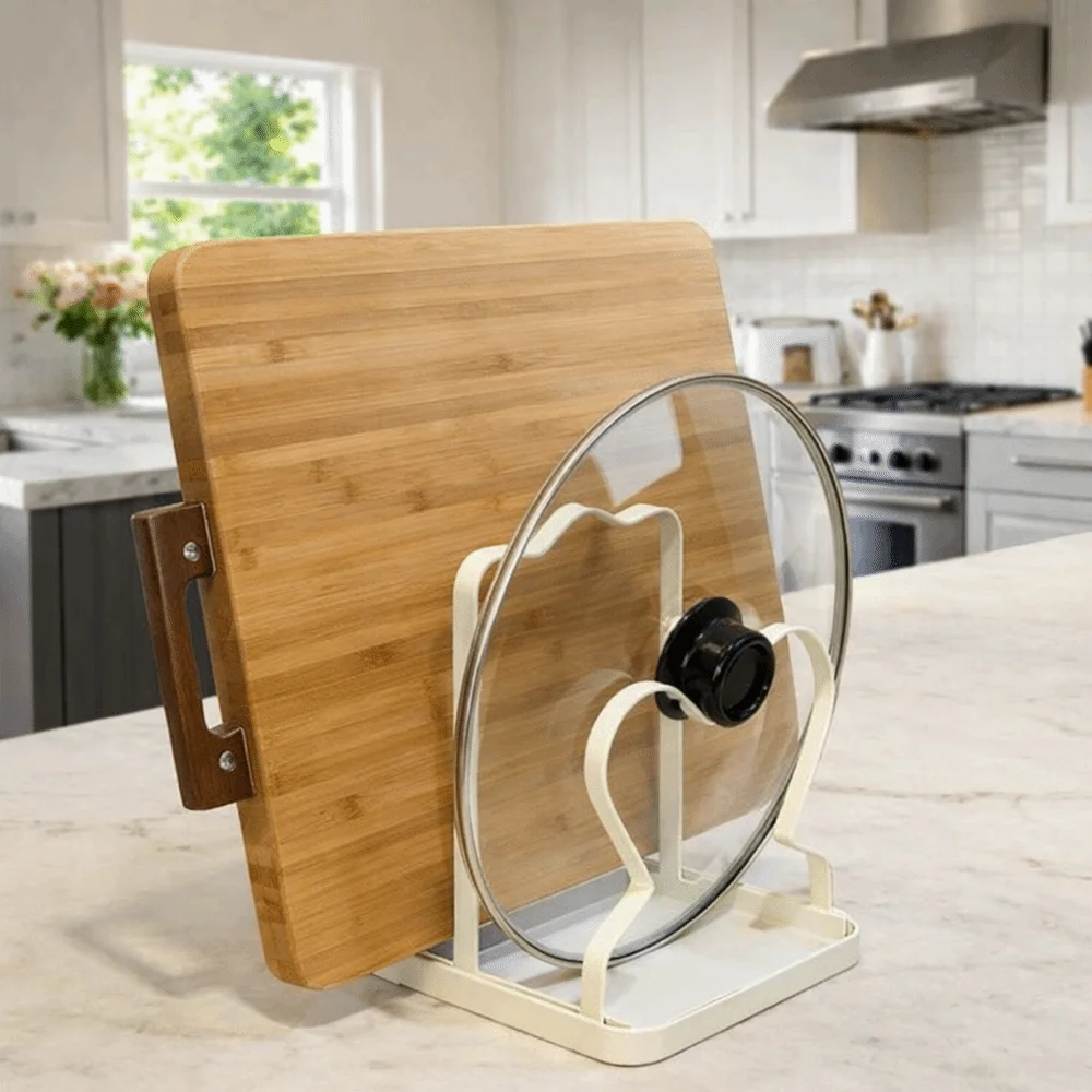 

No Drill Pot Lid Rack Anti-slip Space Saving Pot Cover Shelf with Drainage Tray Durable Cooking Utensil Holder Home