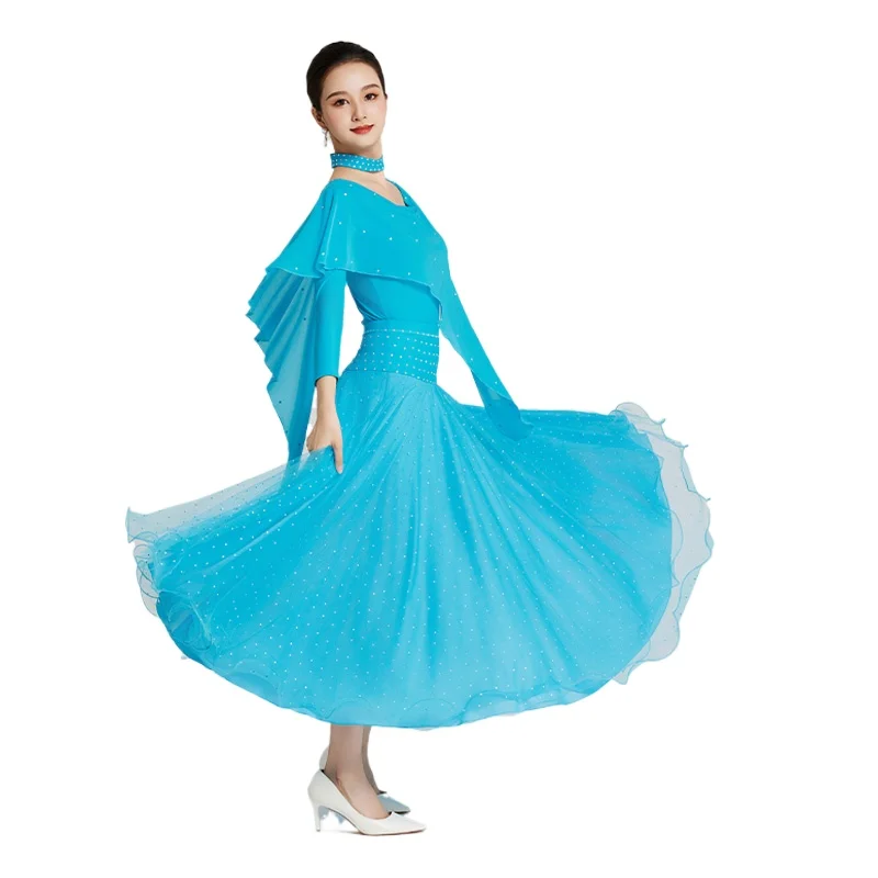 2025 Woman Modern Dance Dress New Diamond Mesh Large Swing Dress Waltz Ballroom Dancing Skirt Set L202402