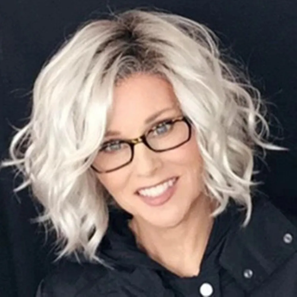 

Термостойкий серебристо-белый градиентный короткий вьющийся парик, женский синтетический парик с боковой частью для повседневной вечеринки, косплея