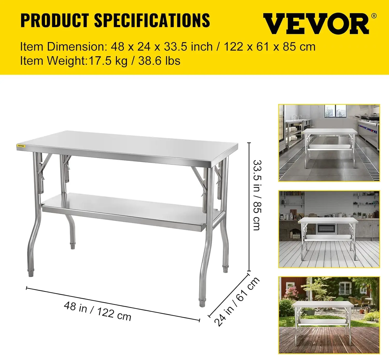 Commercial Worktable Workstation 48 x 24 Inch Folding Commercial Prep Table, Heavy-duty Stainless Steel Folding Table with 772 l