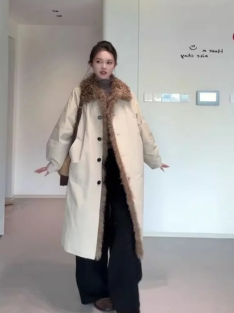 الكورية نمط فو الأغنام الفراء طوق المرأة طويلة أسفل معطف فضفاض صالح معطف واحد الصدر سترة منفوخة شتاء دافئ ملابس خارجية #4