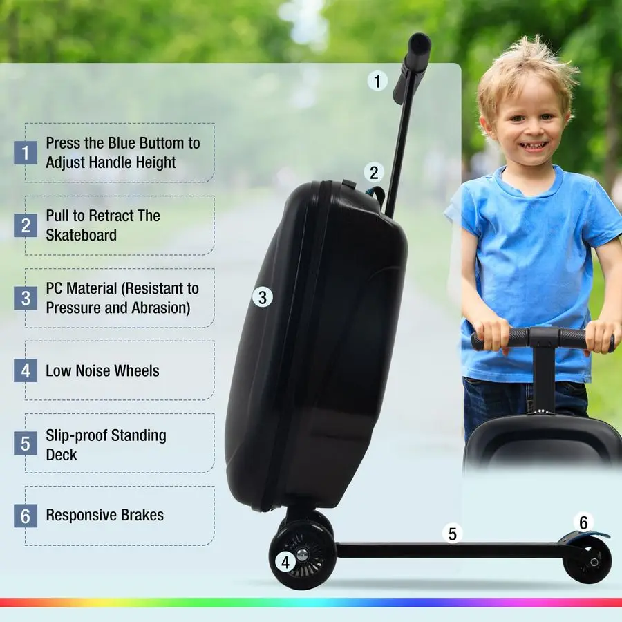 Maleta de scooter para niños, equipaje de paseo 2 en 1 con ruedas para niños y niñas de 415 años, carcasa dura plegable y liviana