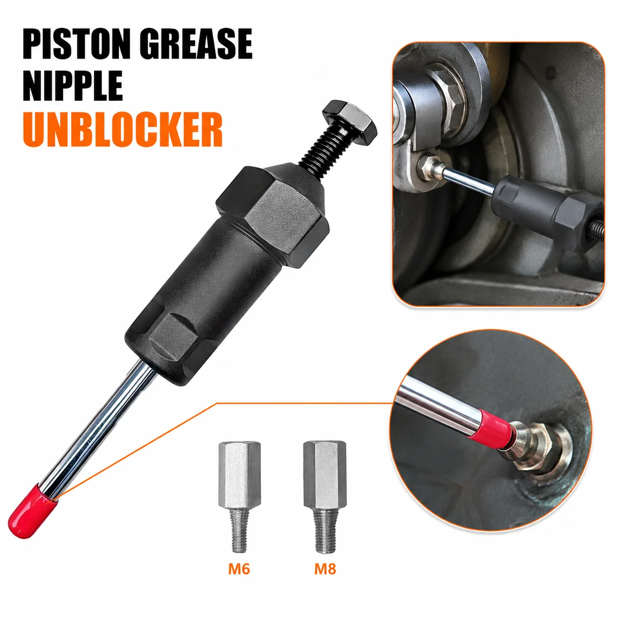 M6/8/10 Grease Fitting Unclogging Tool Clear Blocked Lubrication Lines with 2PCS Thread Adapters for Excavator Loader Lawn Mower