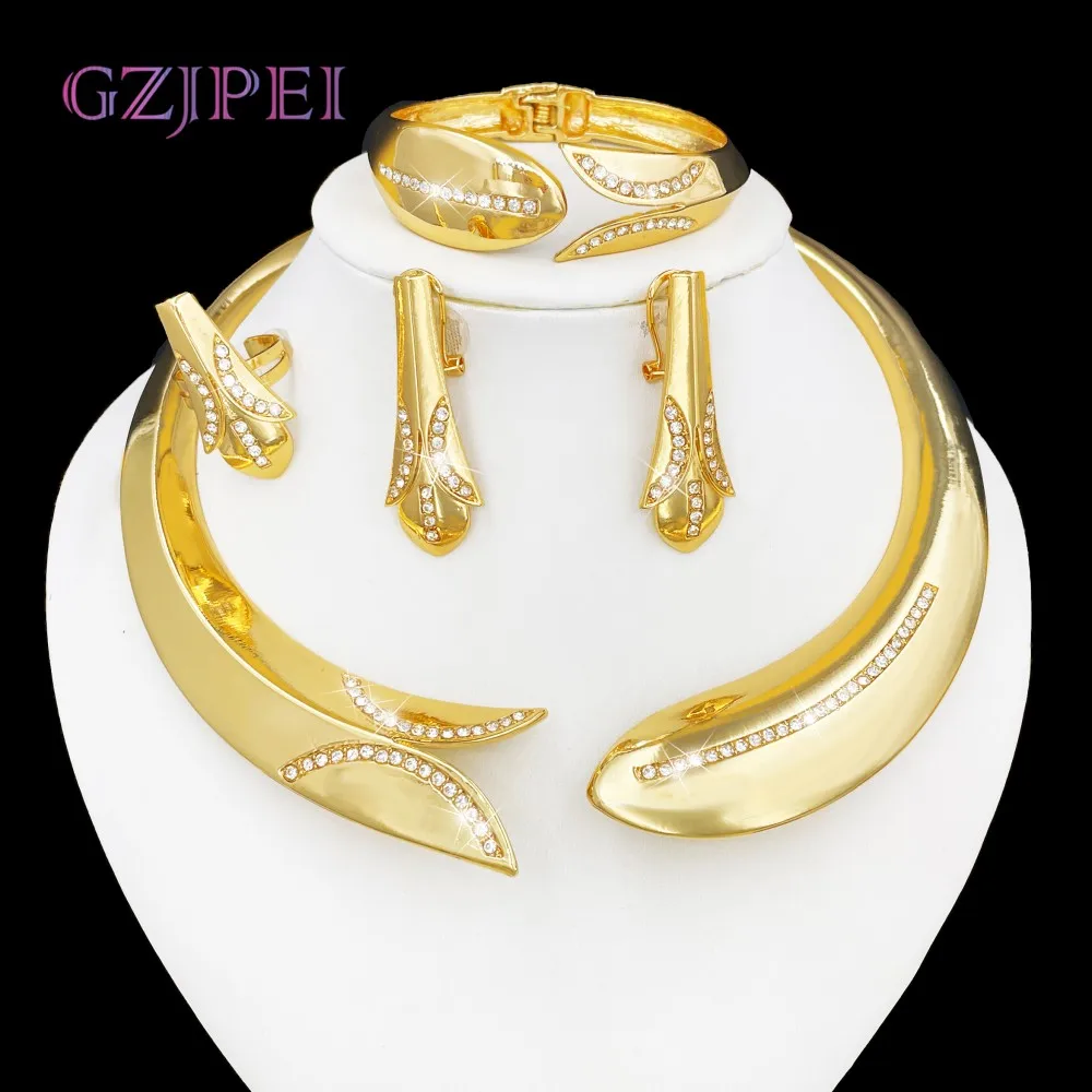 

GZJPEI 2025 New Women Jewelry Set Brazil Nigeria Gold Plated Wedding Jewellery Hight Quality Choker Necklace Open Cuff Bracelet
