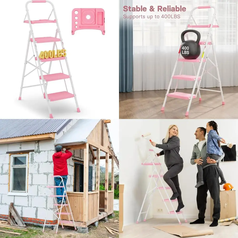 Escalera plegable con bandeja para herramientas, capacidad de 400 libras, pedales antideslizantes, ligera, portátil, construcción de acero resistente, ideal f