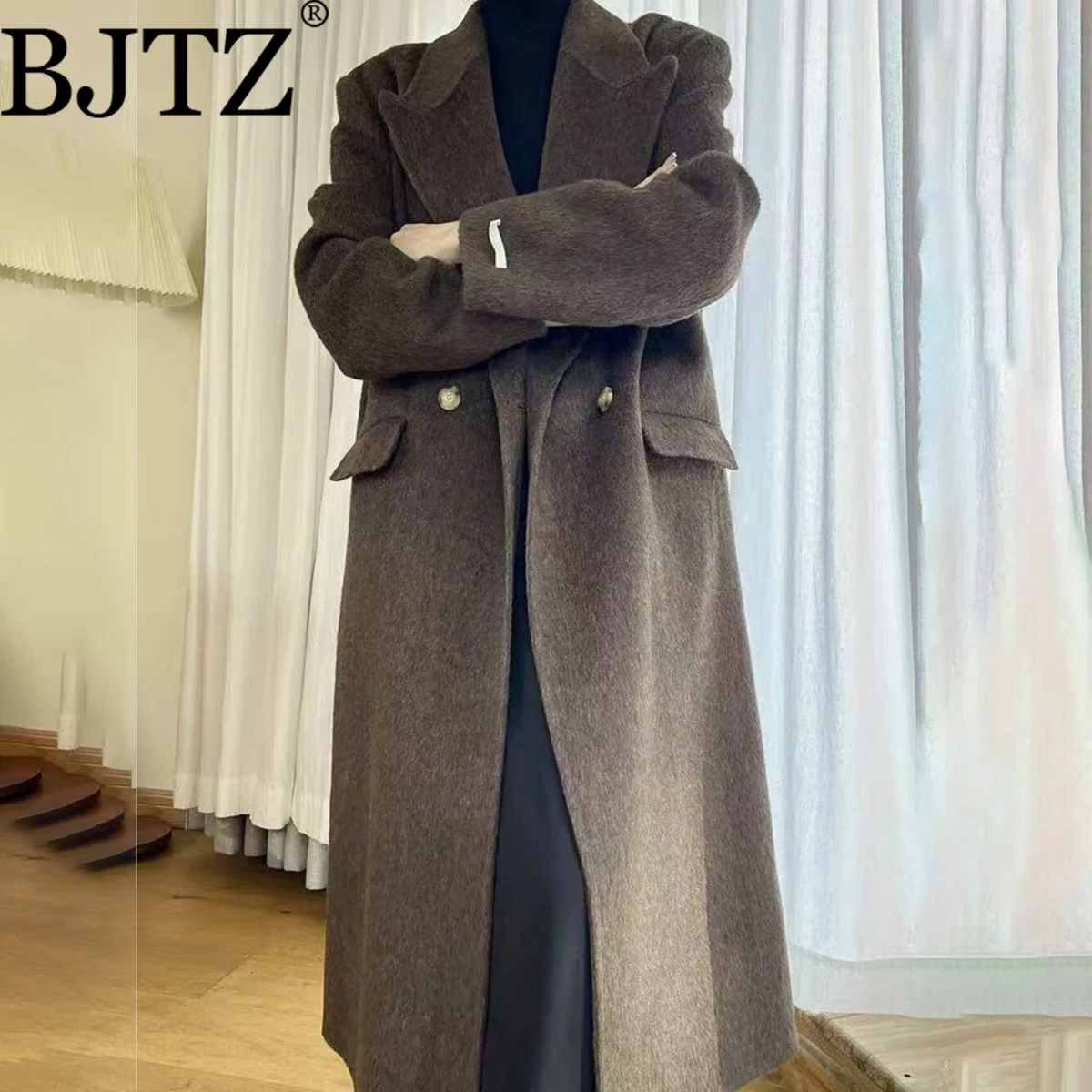 

BJTZ 2025 Women’s Double Faced Cashmere Coat New Arrival Solid Color Lapel Collar Vintage Chic Luxurious Elegant Spring Autumn