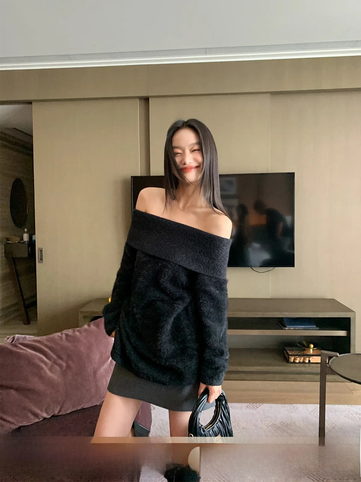 

Swallow Happy Deer Women's Long Sve Knitted Sweater Fake Mink Middle Length Turn-down Collar ow Clavicle Slim Fit Autumn...