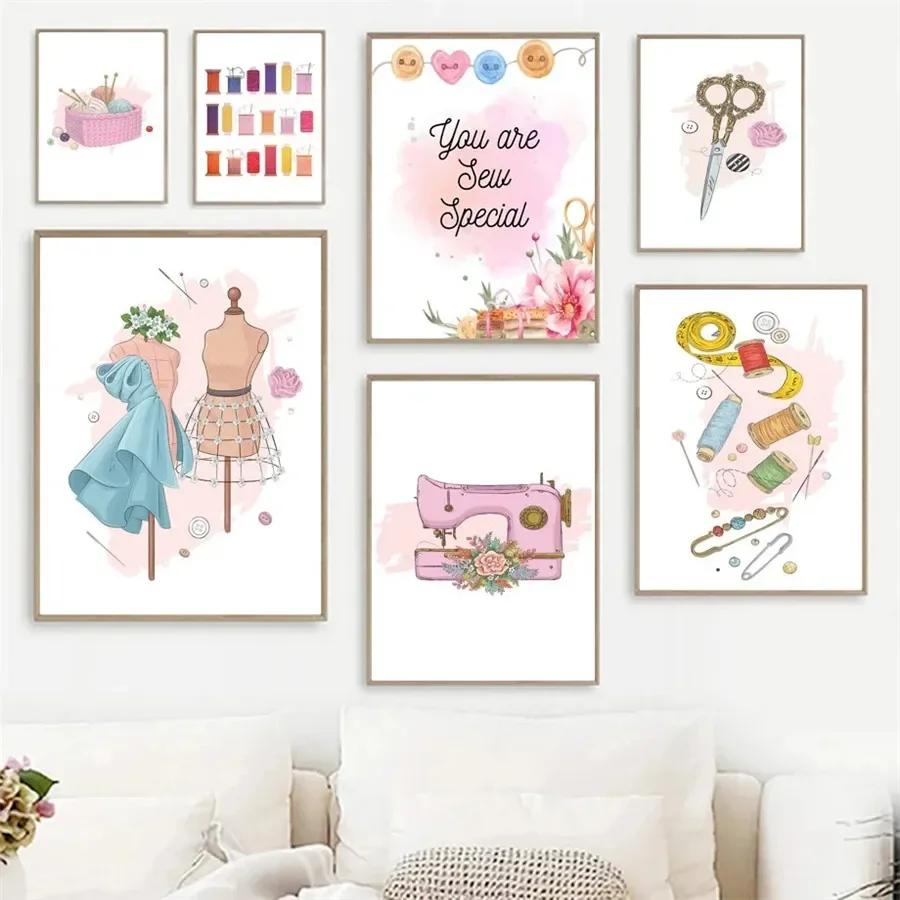 Dress Machine Needle Thread Scissors Beautiful Sewing Posters And Prints Wall Art Canvas Painting Pictures For Craft Room Decor