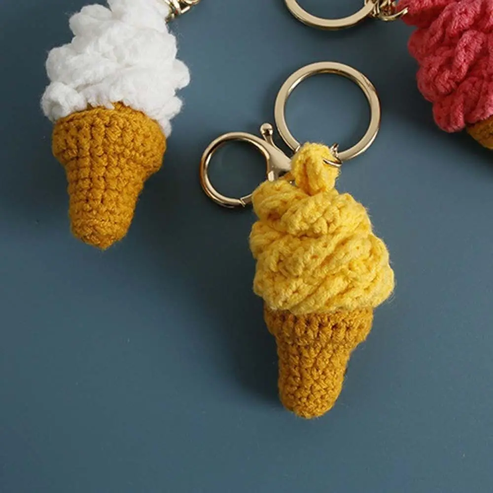 Exquisite Handmaking Ice Cream Pendant Ice Cream Cone Cartoon Crochet Keychain Mini Woven Knitted Keyrings Bag Charm