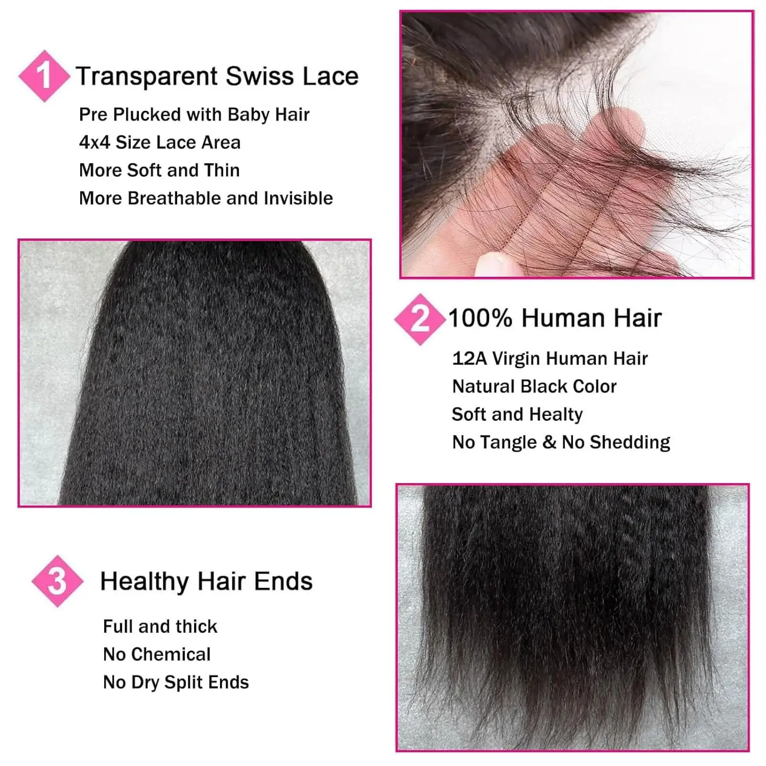 12A Straight 4x4 Lace Closure Human Hair Free Part Brazilian Virgin Hair Natural Black Color Swiss Lace Wig Closure For Women