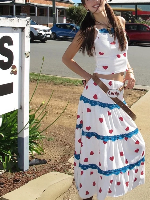 

Women's Beach Vacation Dress Set Red Heart Print Camisole Crop Tops Vest With High-waist Lace Spliced A-line Skirt Two-piece Set
