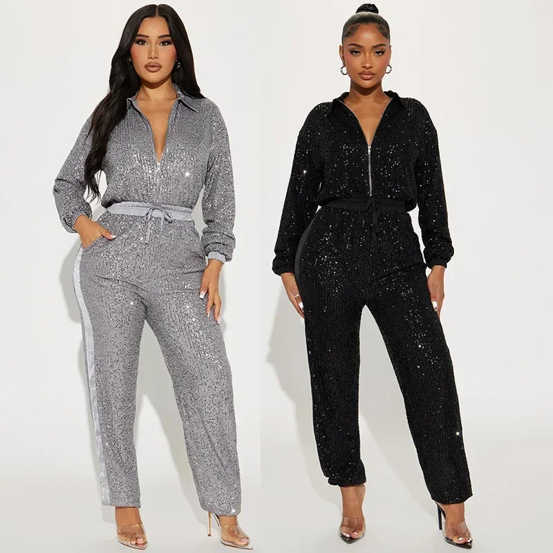 

Women Sexy Deep V Jumpsuits Sequins Long Sleeve Zipper Elegant Spring Autumn Thin Lady Casual Street Straight Rompers