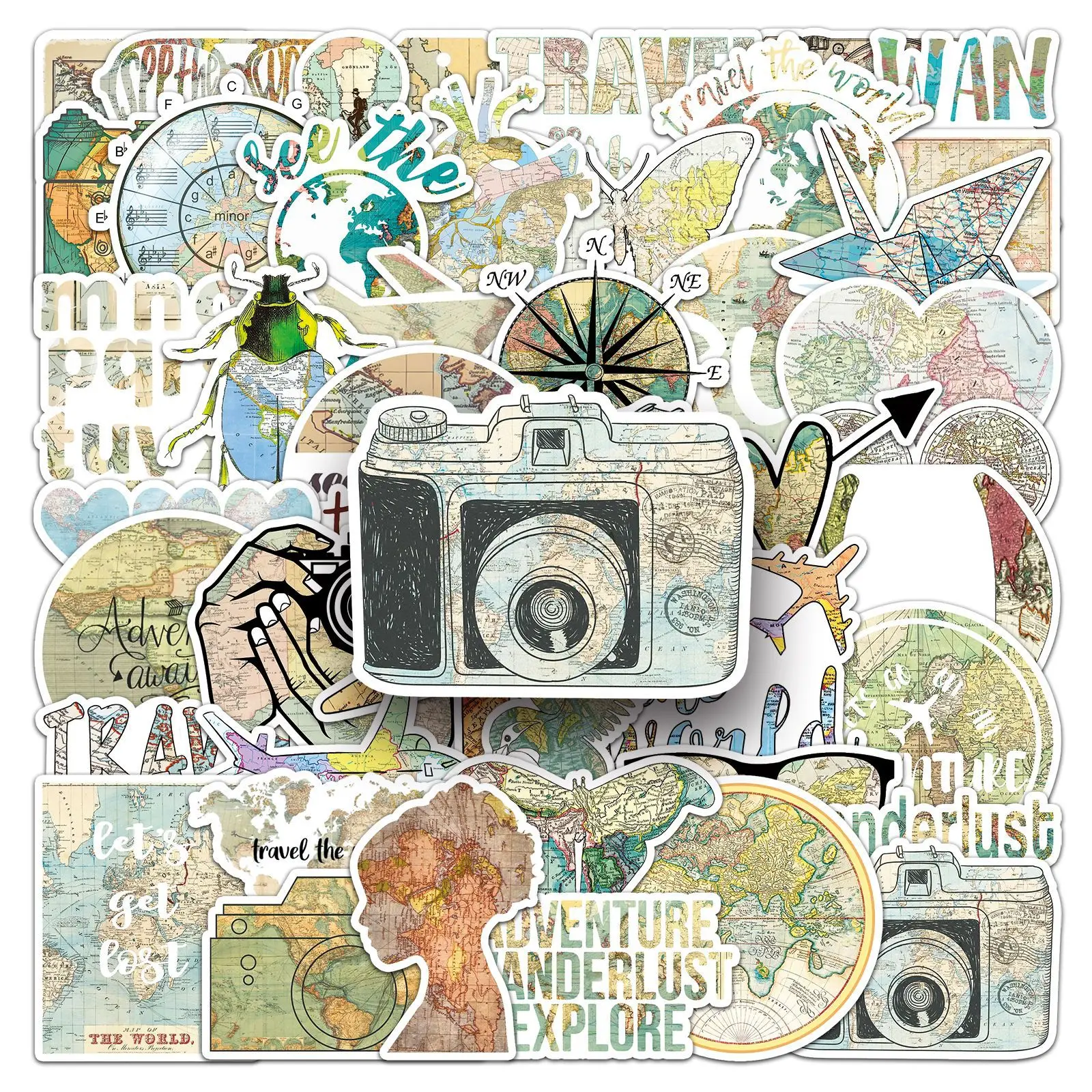 50PCS World Map Art Retro Doodle DIY Decorative Notebook Guitar Water Cup Skateboard iPad Waterproof Sticker Kids Toy