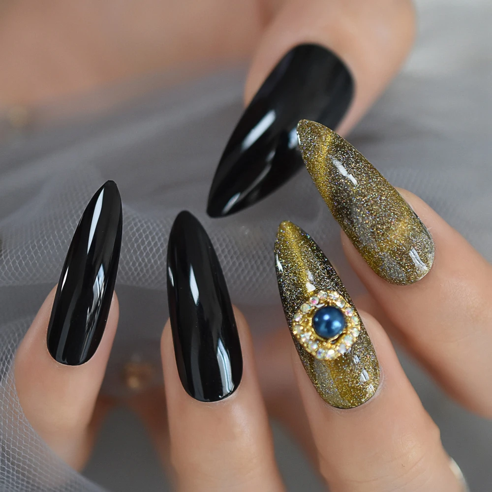 Fashion Cat Eye 3D Luxe Jewelry Gems Stiletto False Fake Nails Extra Long Press on Party Finger Wear Star Shimmer Starry Style