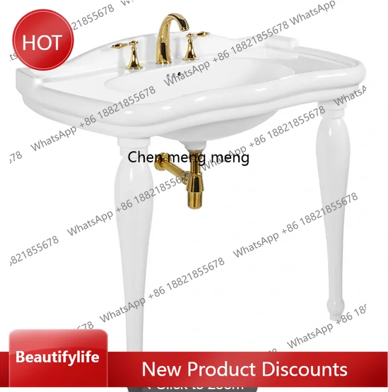 

zq10 Wooden pillar stand ceramic washbasin, vintage style Amsterdam style