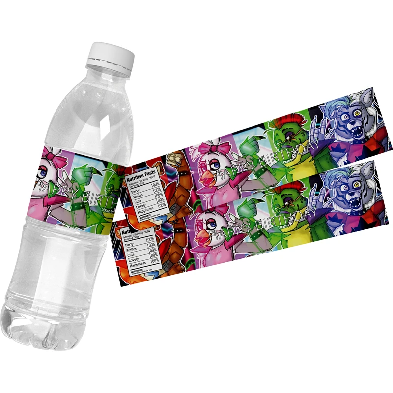 6pcs FNAF Water Bottle Label Birthday Party FNAF Freddy's Party Stickers Wraps Decoration Label self-adhesive Stickers