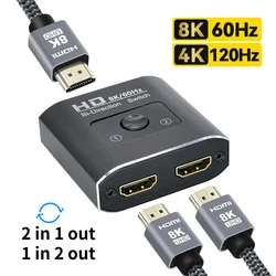 8K 60Hz HDMI Switch 2 Ports 2 In 1 Out Video Splitter for Laptop PC Xbox PS3/4/5 TV Box to Monitor TV Projector Adapter