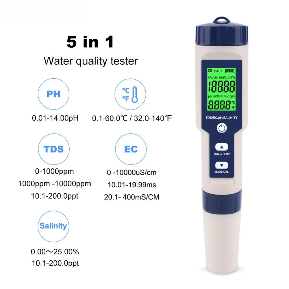 

5 In 1 TDS/EC/PH/Salinity/Temperature Meter Digital Water Quality Monitor Tester For Pools, Drinking Water, Aquariums