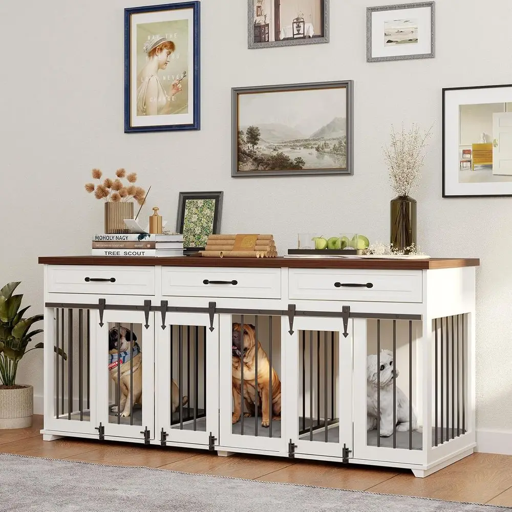 

Indoor Wooden Dog Crate with 3-Way Door, 2 Dividers, 72x24x32, White