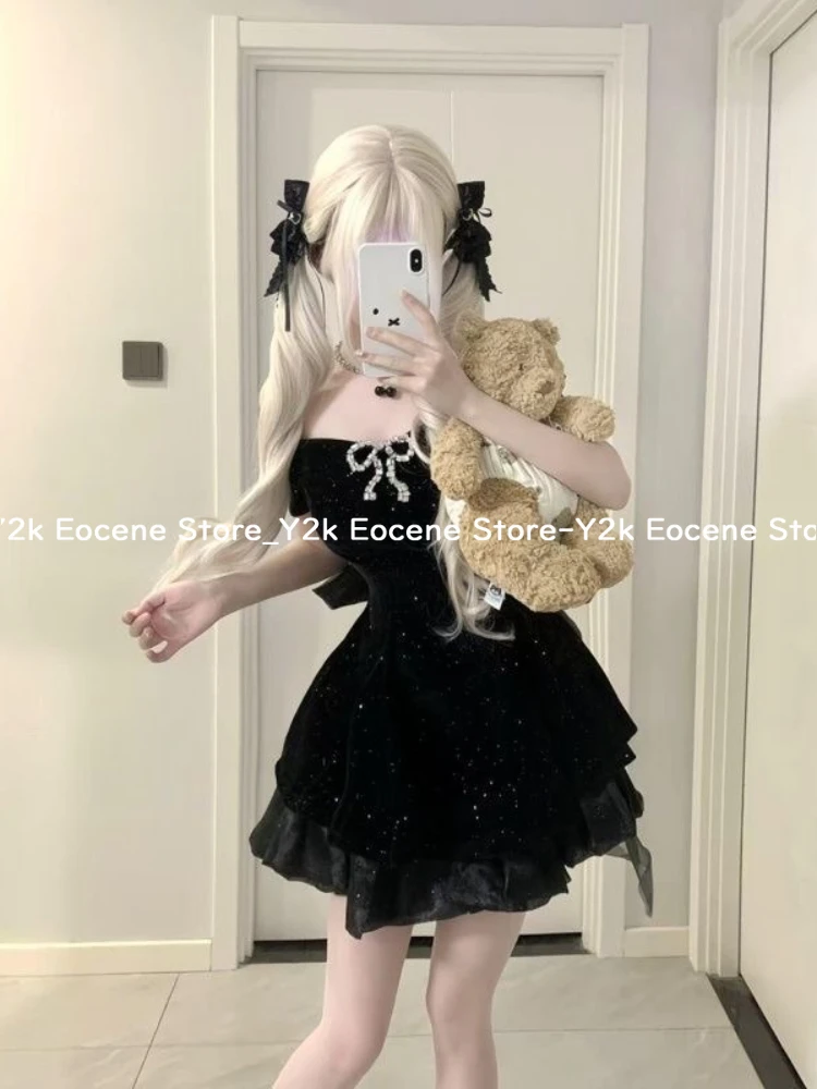 블랙 프랑스어 빈티지 원피스 드레스 여자 고딕 오프 어깨 활 레트로 미니 드레스 여성 요정 생일 파티 세련된 복장 2025