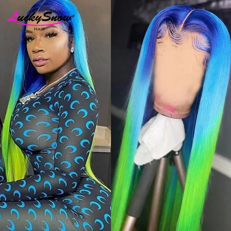 

Ombre Blue Green Straight High Quality 180 Density Transparent 13x4 Lace Frontal Wigs Colored Cosplay Brazilian Human Hair Wig