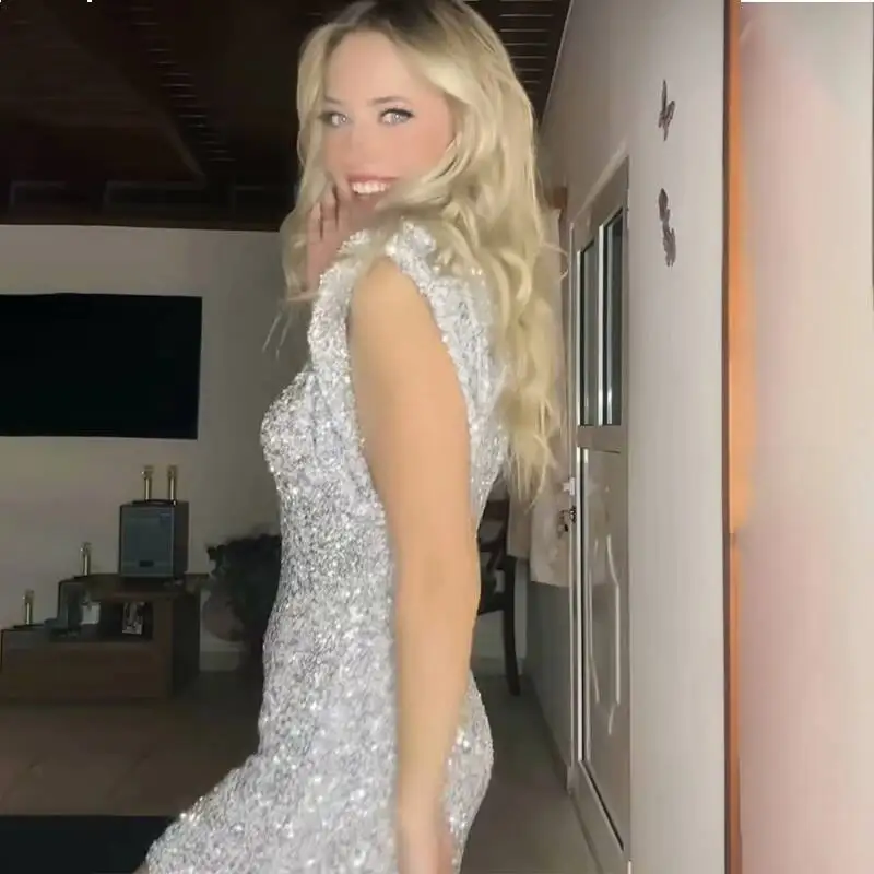 

Стильное блестящее женское мини-платье с блестками, модное платье без рукавов с подплечниками для похудения, вечернее платье, сексуальные платья с высокой талией