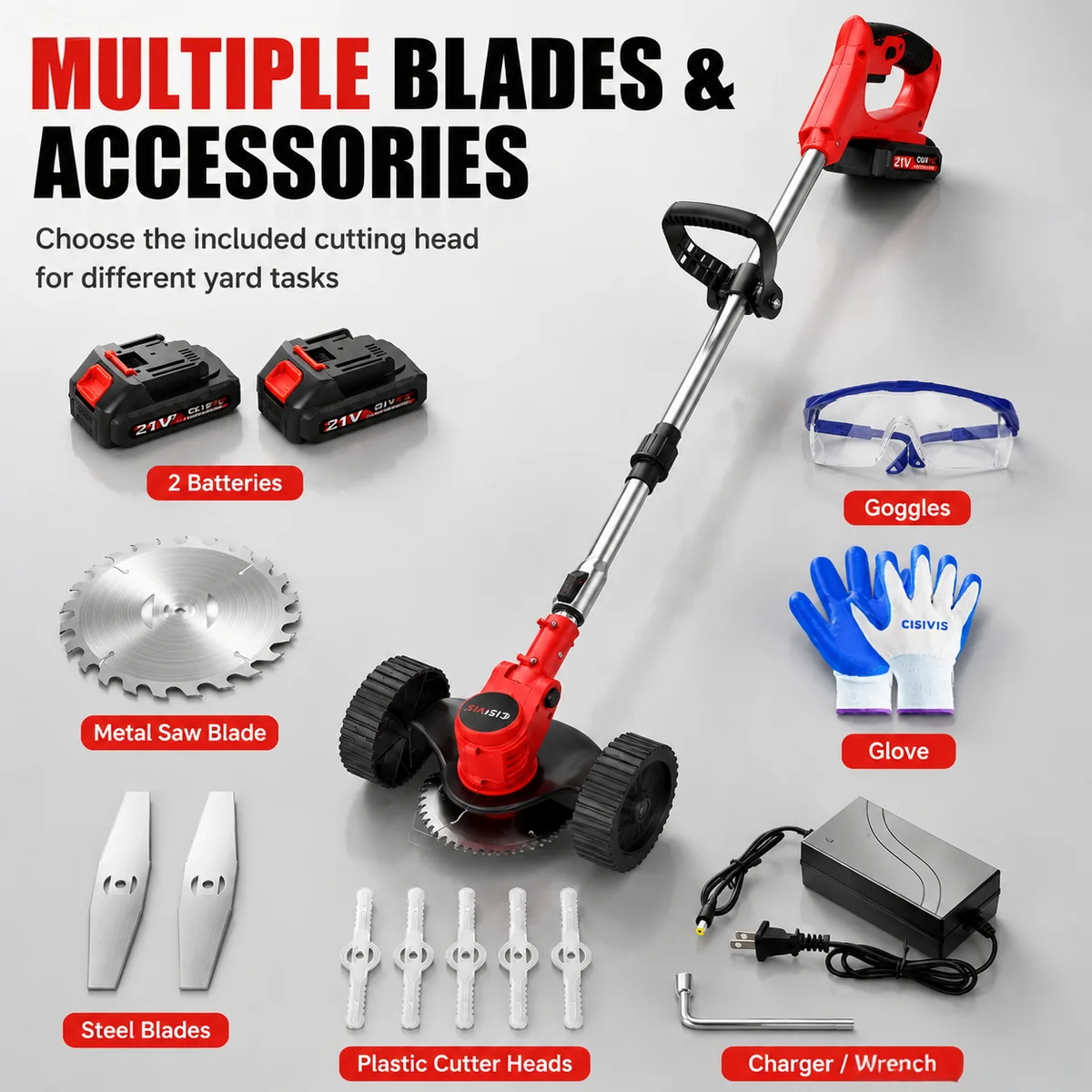 21V Cordless Electric Grass Trimmer Strimmer, 2 Rechargeable Li-ion Batteries Garden Lawn Edger Cutter, Handheld Lightweight Weed Wacker Grass Cutting Tool, Portable Electric Weed Eater Lawn Trimming Machine, Cordless Yard Grass Cutter Edger Garden Tool U