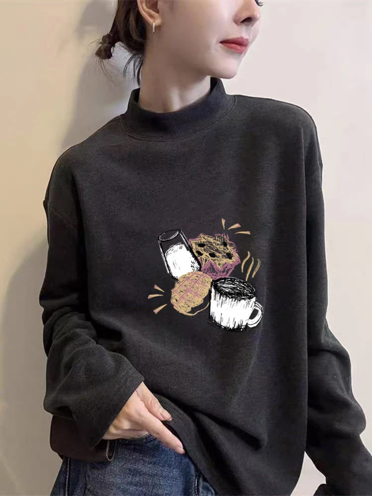 Thiened Long Sve Women's Faionable Versatile Deep ey Warm Inner Wear Base irt Trendy f High Collar T-irt