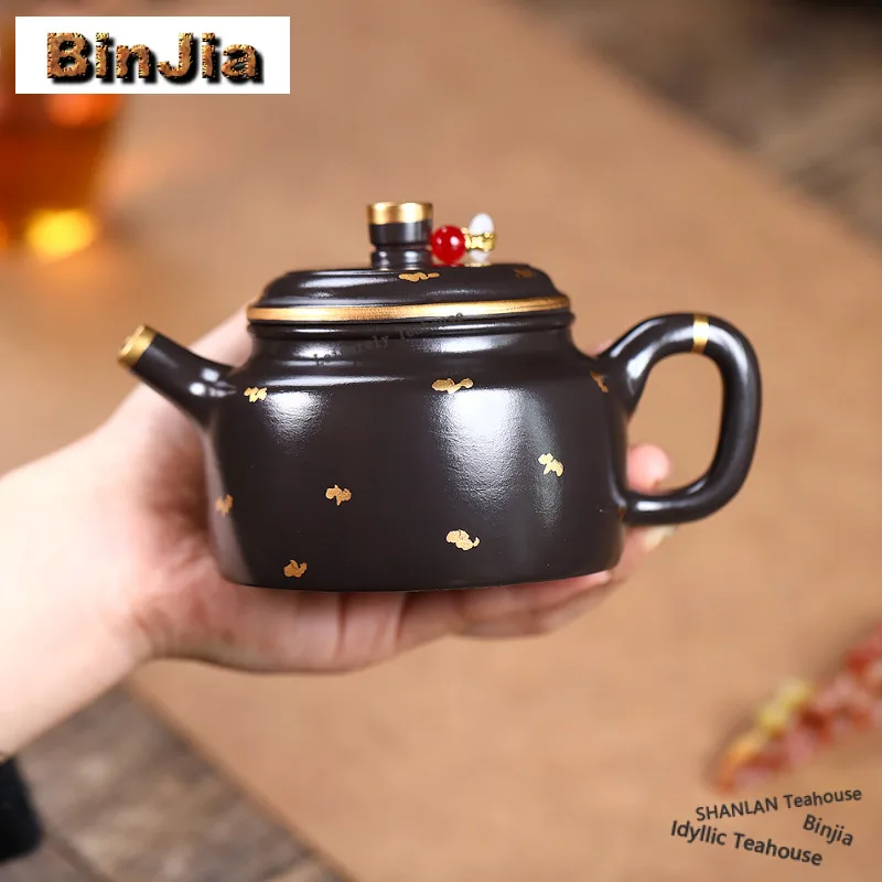 

260ml Antique Yixing Purple Clay Teapots Handmade Gold Drawing Dezhong Pot Raw Ore Aged Black Mud Kettle Zisha Tea Set Gifts