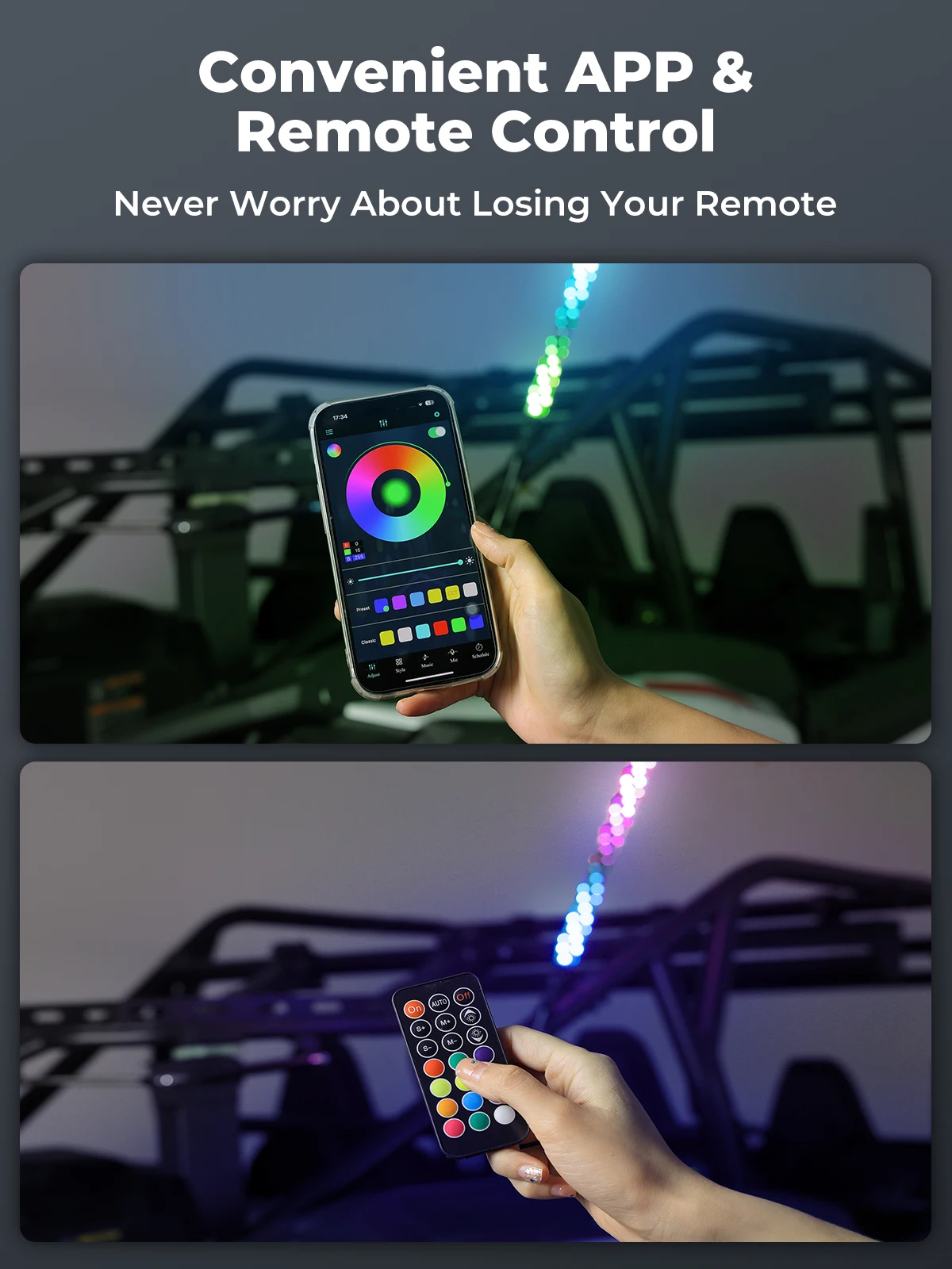 UTV ATV 2 قطعة 3ft أضواء سوط بلوتوث لـ SXS IP67 مقاوم للماء بدوره إشارة وضوء الفرامل متوافق مع Polaris RZR لـ Can-Am #4