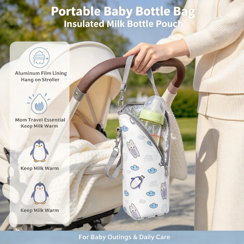 Portable Aluminum Foil Baby Bottle Warmer Insulation Bag Stroller Mommy Bag Hanging Storage Bag for Outdoor Feeding Storag