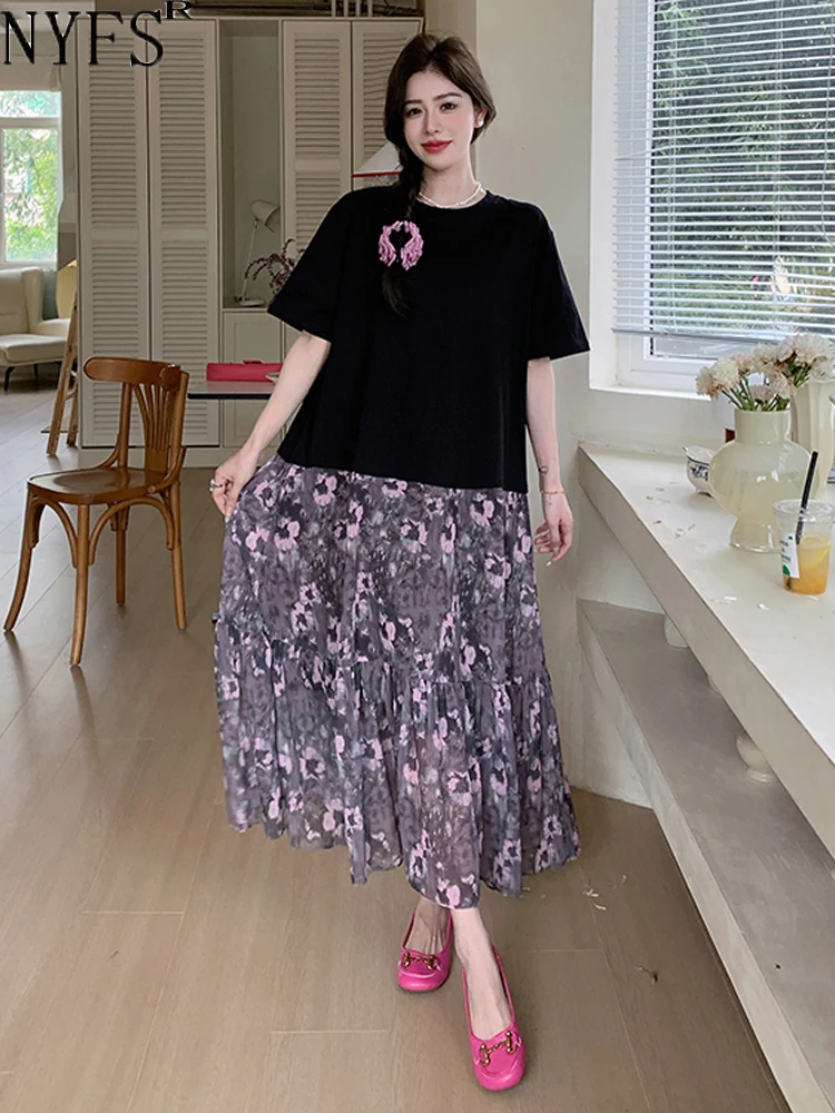 

NYFS 2024 Summer New Korea Woman Dress Vestidos Robe Elbise Loose Plus Size Short Sleeve Patchwork Floral Hem Long Dress