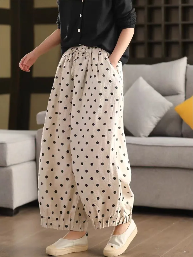 Pantalones de pierna ancha de lino y algodón con estampado Floral, pantalones holgados artísticos Retro rectos de nueve puntos, pantalones casuales de cintura alta para mujer