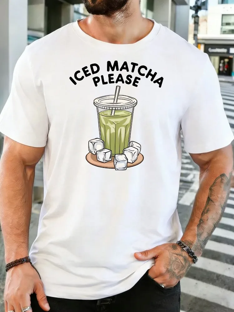 Iced Matcha Mens Tee Ice Cube Green Tea Cup Graphic Print Crew Neck Short Sleeve Soft Loose Casual Daily Summer Male Basic Top