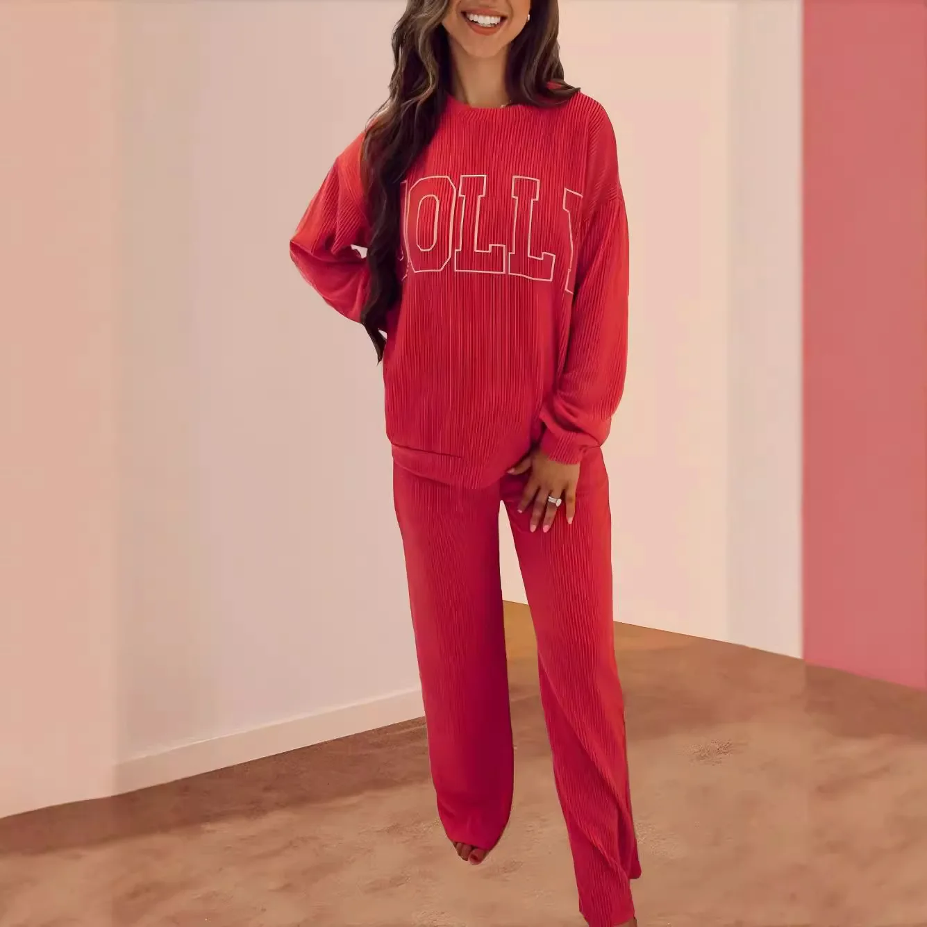 Red 2 Piece Sets For Women Long Sleeve Sweatshirts Straight Leg Pants Set Fall Travel Airport Outfits 2024