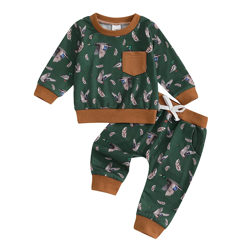 Baby Boy Duck Outfit Long Sleeve Pullover Sweatshirt Elastic Waist Long Pants with Pockets 2 Piece Set