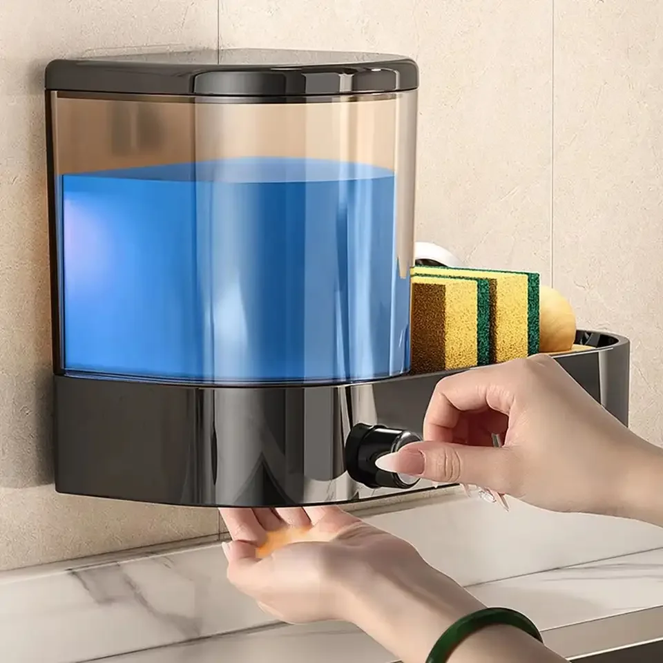With Drain Tray Wall Mounted Soap Dispenser Large Capacity with Sponges Holder Dishwashing Liquid Holder Space Saving Waterproof